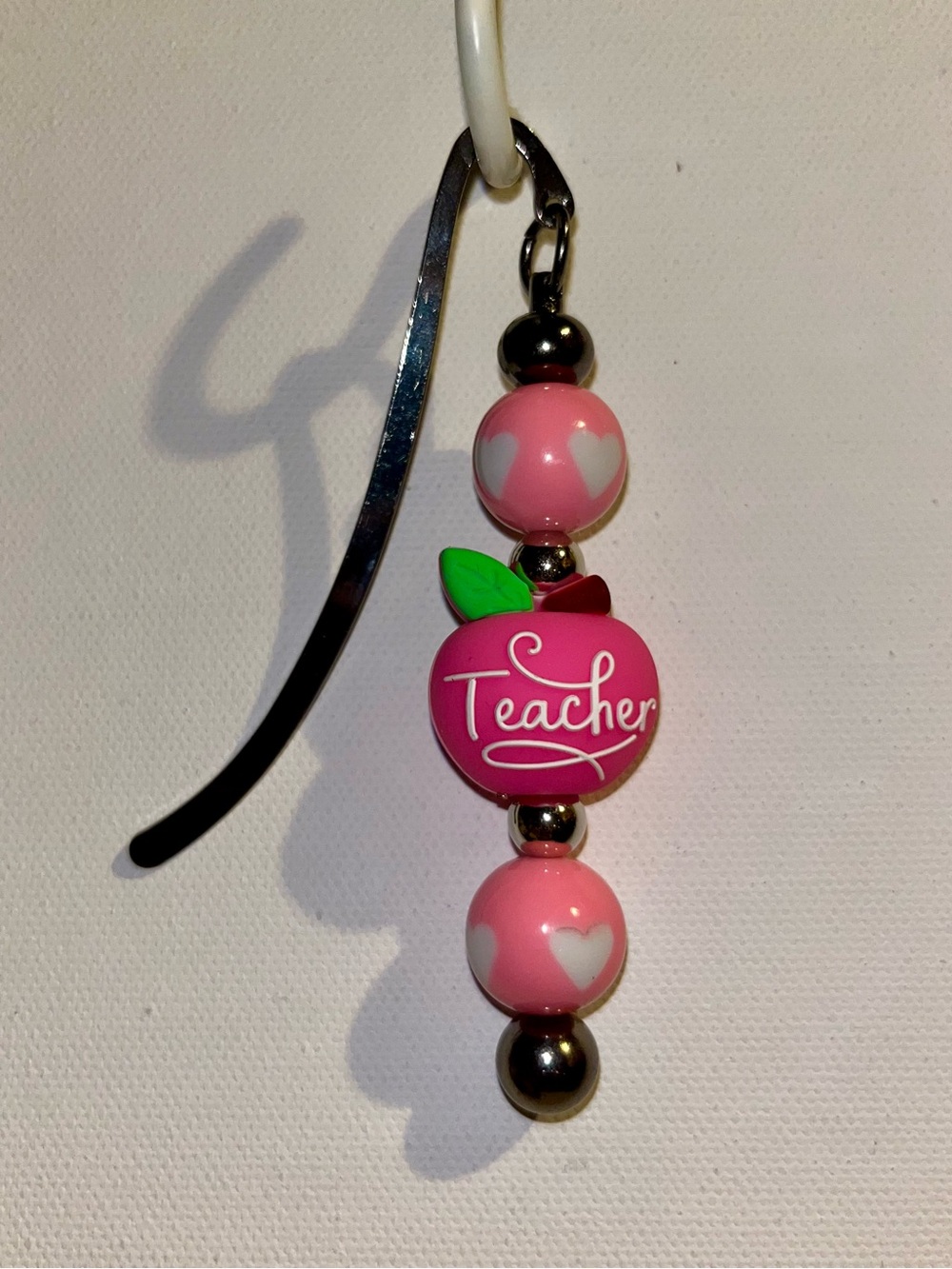 Pink "Teacher/Thank You" Apple Beaded Bookmark w/Pink Heart-Accented Beads